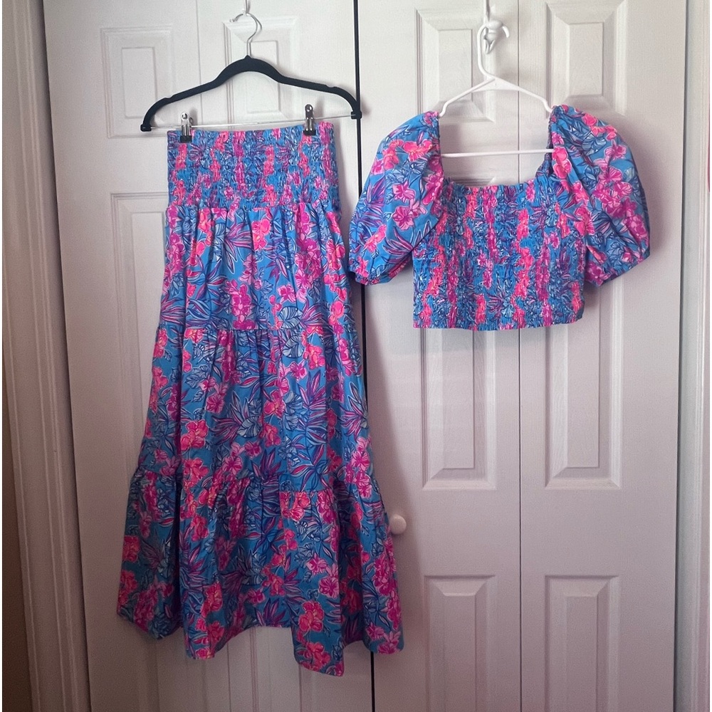 NWT Lilly Pulitzer Blue Floral Skirt Set Size Small